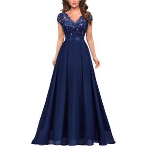 Miusol Women's Elegant V-Neck Cap Sleeve Sequined Floral Lace Formal Party Maxi Dress (Large)