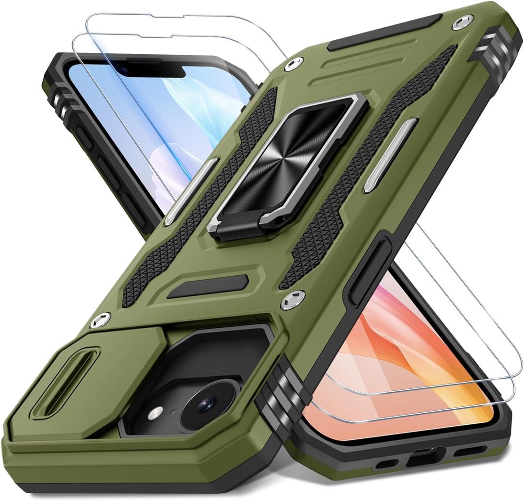 DEERLAMN Case for iPhone 17e/iPhone 16e 6.1-Inch with Slide Camera Cover+Screen Protector (2 Packs), Rotated Ring Kickstand Military Grade Shockproof Protective Cover-Olive Green