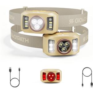 Upgraded Headlamp Rechargeable, Ultra Bright Headlight Flashlight with White Red Light, Motion Sensor Head Lights for Forehead, 6 Modes Head Lamp for Outdoor Camping Running Waterproof (2, Beige)