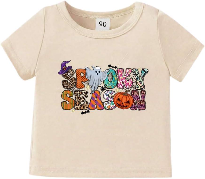 Toddler Girl Halloween Shirt Spooky T-Shirt Kids Pumpkin Ghost Short Sleeve Tee Top (US, Age, 3 Years, Khaki-12)