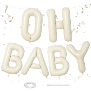 2 x 40 Inch Beige OH BABY Letter Balloons,Large Cream White Netrual Foil Balloons for Gender Reveal Boho Baby Shower Decorations,Oh Baby Sign for Backdrop Engagement Wedding Birthday Party Decorations