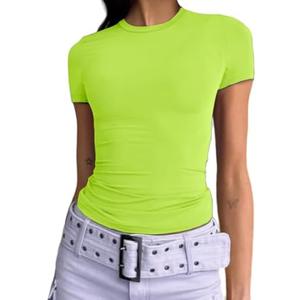 Dwnval Womens Sexy Basic T Shirts Summer Short Sleeve Crewneck Slim Fit Cute Crop Tops, Large
