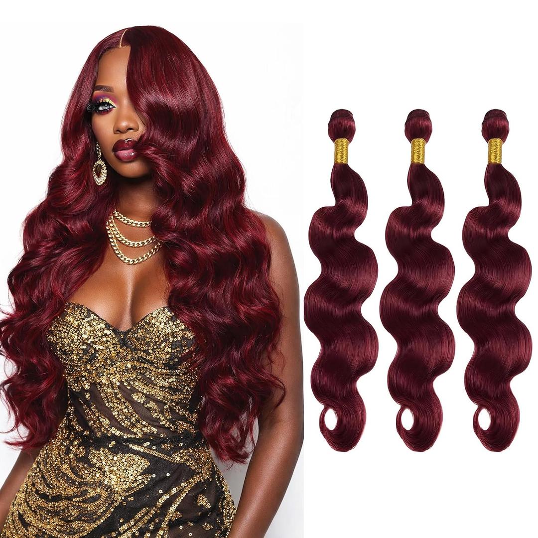 Body Wave Human Hair Bundles 99J Burgundy 30 32 34 Inch Virgin Remy Hair 3 Bundles Wine Red Soft Silky No Tangle Sew In Weave