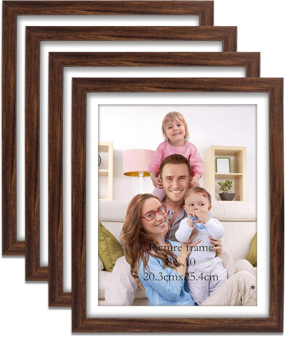 Giftgarden Brown 8x10 Picture Frame Set of 4, 9x11 Frames with Mat for 8 by 10 Photos, Rustic Walnut Wood-Color Frames for Wall or Tabletop