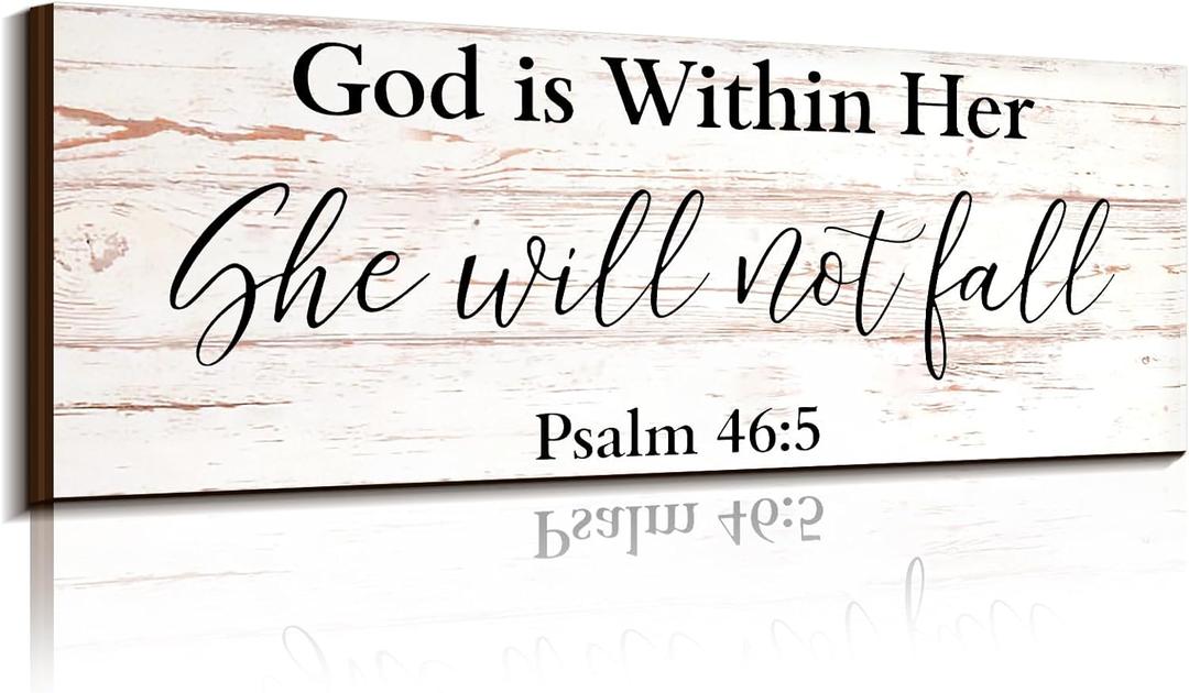 Jetec Farmhouse Bible Verse Scripture Wall Signs, God Is with Her She Will Not Fall Wooden Plaque Decor for Church Home Christian Wall Art Decor(17 x 6 Inch, Psalm)