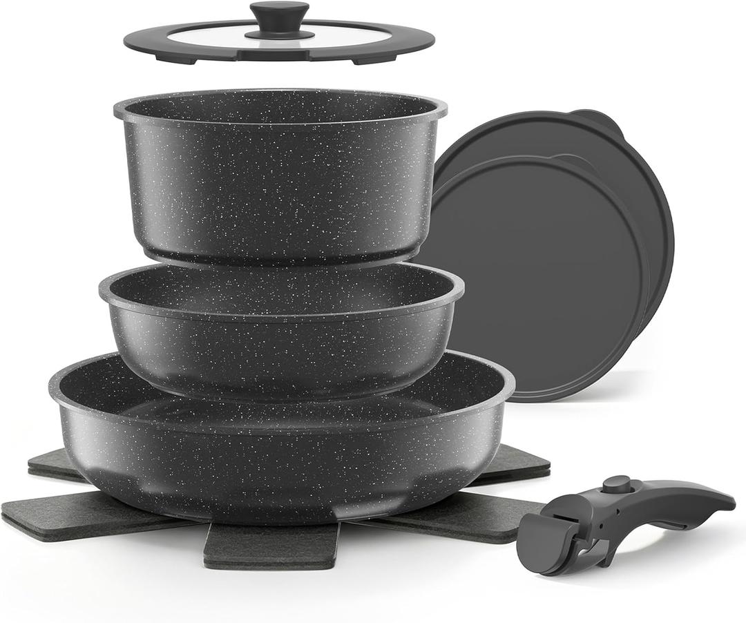 YASHE 9Pcs Granite Nonstick Pots and Pans Set, Stackable, Oven Safe | Non-Toxic Cookware Set with Detachable Handle for RVs, Camping, PFOS/PFOA-Free Induction Compatible
