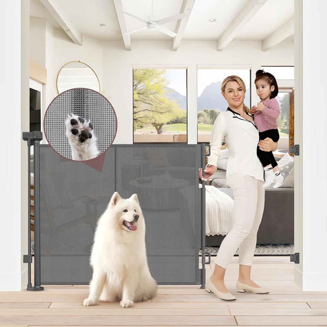Reinforced 41 Inch Extra Tall Retractable Baby Gate 55" Wide Mesh Baby Gate Retractable Pet Gate with Support Rods Prevents Crawling Under, Indoor Retractable Gate Outdoor Extra Tall Pet Gate, Gray