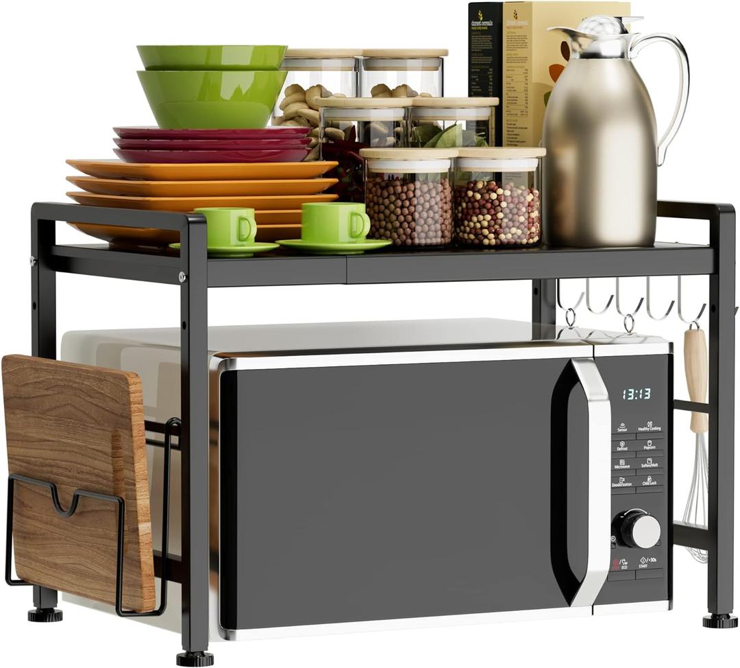 Extendable Microwave Oven Rack - Adjustable Kitchen counter shelf, 2 Tier Microwave Stand (L15.7~23.6" xW12.8 xH17.7) with 6 Hooks for Kitchen Countertop Organizer (Black)