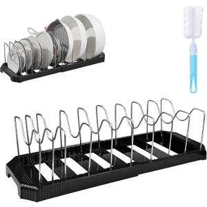 Expandable Pot Rack Organizer, 14 Adjustable Compartments, Pot and Pan Organizer Rack for Cabinet with Cup Brush Dividers, 13 -22" Wide Adjustable Pan Organizer - Pantry Countertop Storage (Black)