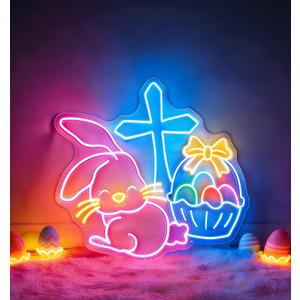 Easter Bunny Cross Neon Signs for Wall Decorations, LED Easter Rabbit Egg Basket Lights Gifts Christian Wall Art USB Dimmable, Colorful Neon Window Lights for Party Bedroom Office Door Bar Church, 15.7 inches by 17.7 inches