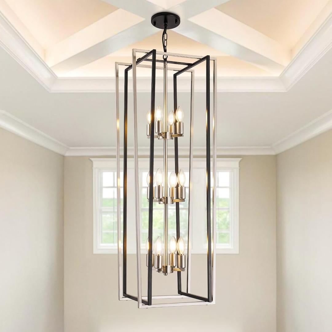 WJShome 12-Light Modern Chandelier, Large Chandeliers for High Ceilings, Farmhouse Foyer Lighting Fixtures, 3 Tier Lantern Pendant Light, Industrial Chandelier for Entryway Staircase, Black & Silver