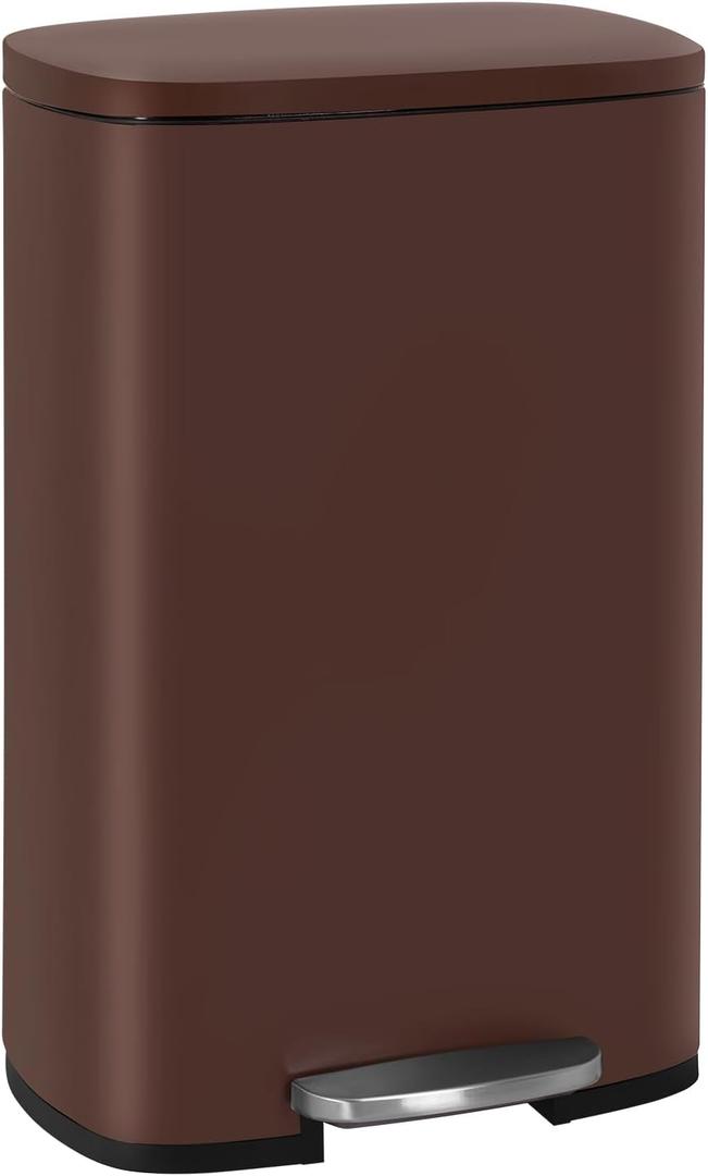 FDW | 13 Gallon Trash Can with Lid | Brown | Fingerprint-Proof | Made of Brushed Stainless Steel | Soft-Close Step Pedal | Hands-Free Use | Easy to Clean | for Kitchen, Office, Bathroom