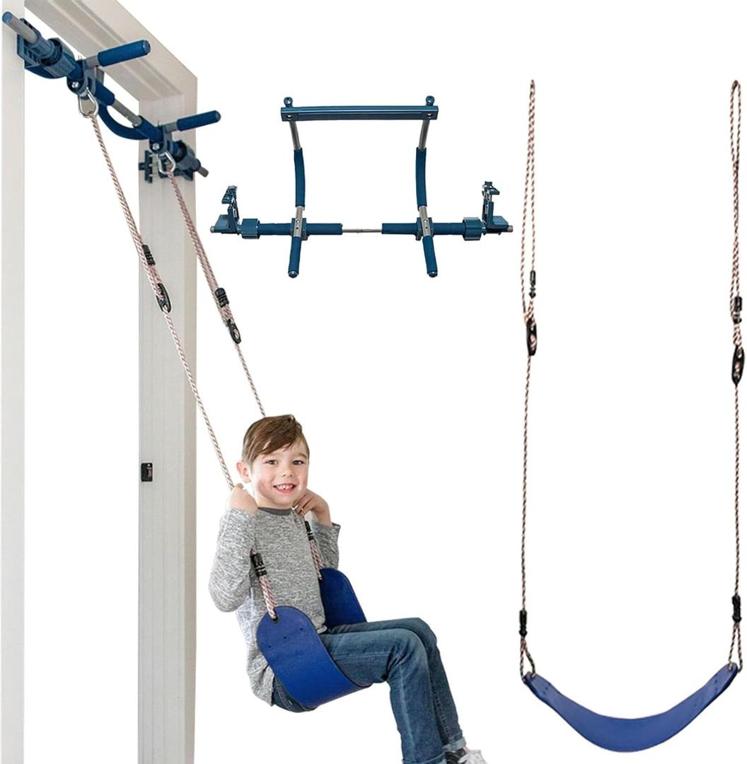Gym1 Doorway Swing & PullUp Bar Gym  PullUp Bar Strength Training & Kids Exercise Equipment  Sensory Swing & Rope Ladder Indoor Playset  Indoor Playground for Kids  2Piece, Blue