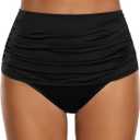GRAPENT Women's High Waisted Swim Bottom Ruched Bikini Tankini Swimsuit Briefs (Medium, B Black)