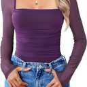 Avidlove Women's Square Neck Mesh Long Sleeve Bodysuit Shirts Ruched Body Suit Sexy Sheer Tops Date Night Outfit (Dark Purple, XL)
