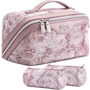 BOYATU Travel Makeup Bag for Women: Large Capacity Make up Bag with Compartments - Vegan Leather Cosmetic Bag set of 3 - Waterproof Toiletry Bag with Handle & Divider(E-1-Purple)