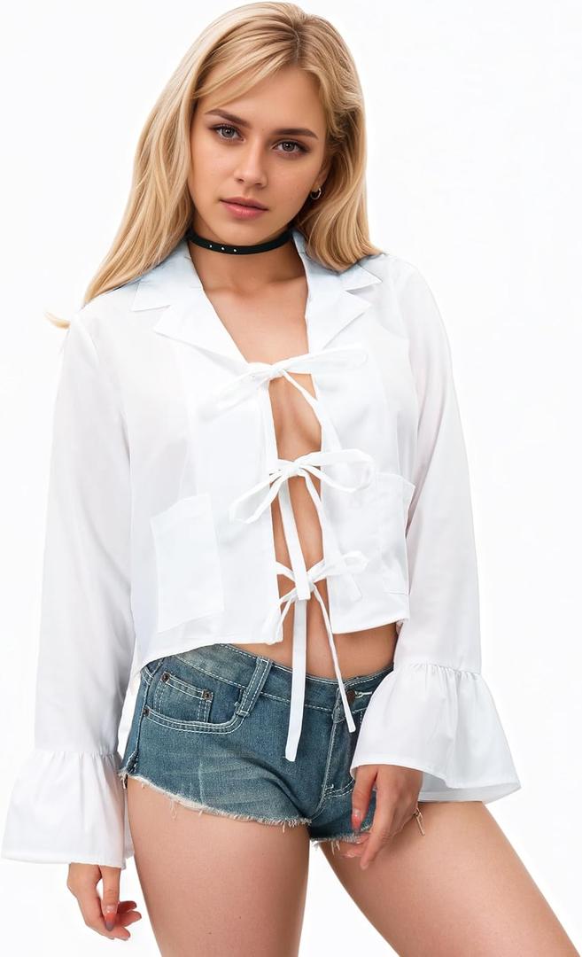 KUOIN Women Tie Front Blouse, Casual Long Sleeves Tops Plaid White Shirt (US, Alpha, Small, Regular, Regular, White A)