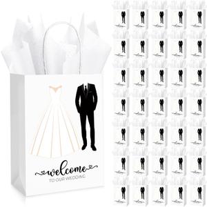 Zhanmai 100 Sets 5.91 x 3.15 x 8.27 Inches Wedding Welcome Bags with Sheets Tissue Paper and Handles Party Favor Bags Welcome to Our Wedding for Guests
