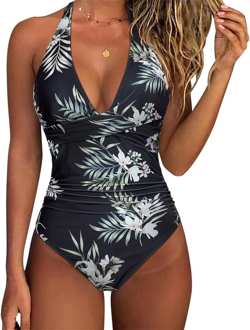SUUKSESS Women Sexy Tummy Control One Piece Swimsuits Halter Push Up Bathing Suits (Large, #1 Black Floral)