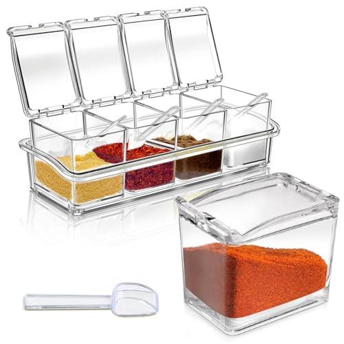Pujito 4-Cell Clear Seasoning Rack Spice Box Storage Container Condiment Jars Acrylic Seasoning Box with Cover and Spoon