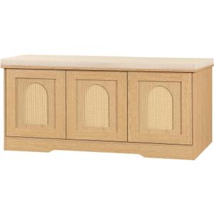 DINZI LVJ Shoe Bench, Entryway Storage Bench with Doors, Cushion, 2-Tier Shoe Rack with 6-Cubby, 39.4L x 13.8W Shoe Organizer Cabinet, Adjustable Shelf, Living Room, Bedroom, Natural with Rattan