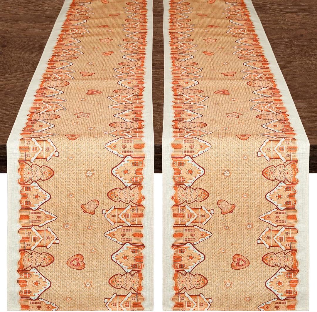 2 Pcs Christmas Gingerbread Table Runner Vintage 13'' x 72'' Merry Christmas Table Runner Xmas Decorations for Xmas Holiday Party Home Dining Kitchen Decor