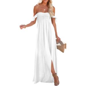 Happy Sailed Women's 2025 Summer Smocked Off The Shoulder Maxi Dresses Ruffle Short Sleeve A Line Side Slit Sundress (Medium)