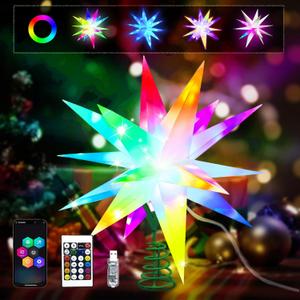 16 Inch Christmas Star Tree Topper, RGB Color Change Christmas Tree Light Up Star, Bluetooth App & Remote Control Music Sync Christmas Tree Decorations Xmas Outdoor Indoor Decor
