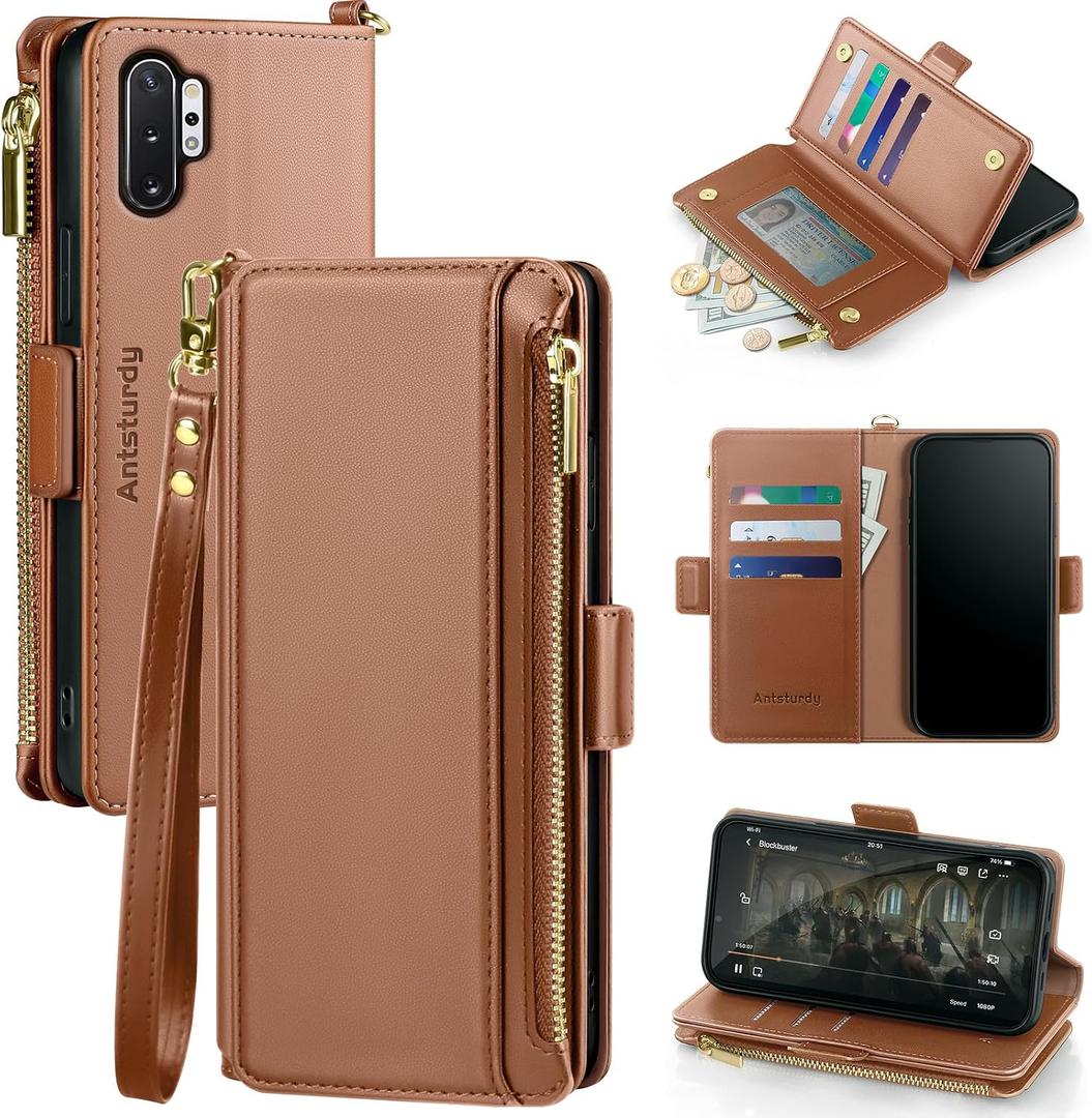 Antsturdy Compatible with Samsung Galaxy Note 10+ Plus Case Wallet with Card Holder for Women Men Phone Case RFID Blocking PU Leather Flip Cover with Strap Zipper Credit Card Slots,Light Brown
