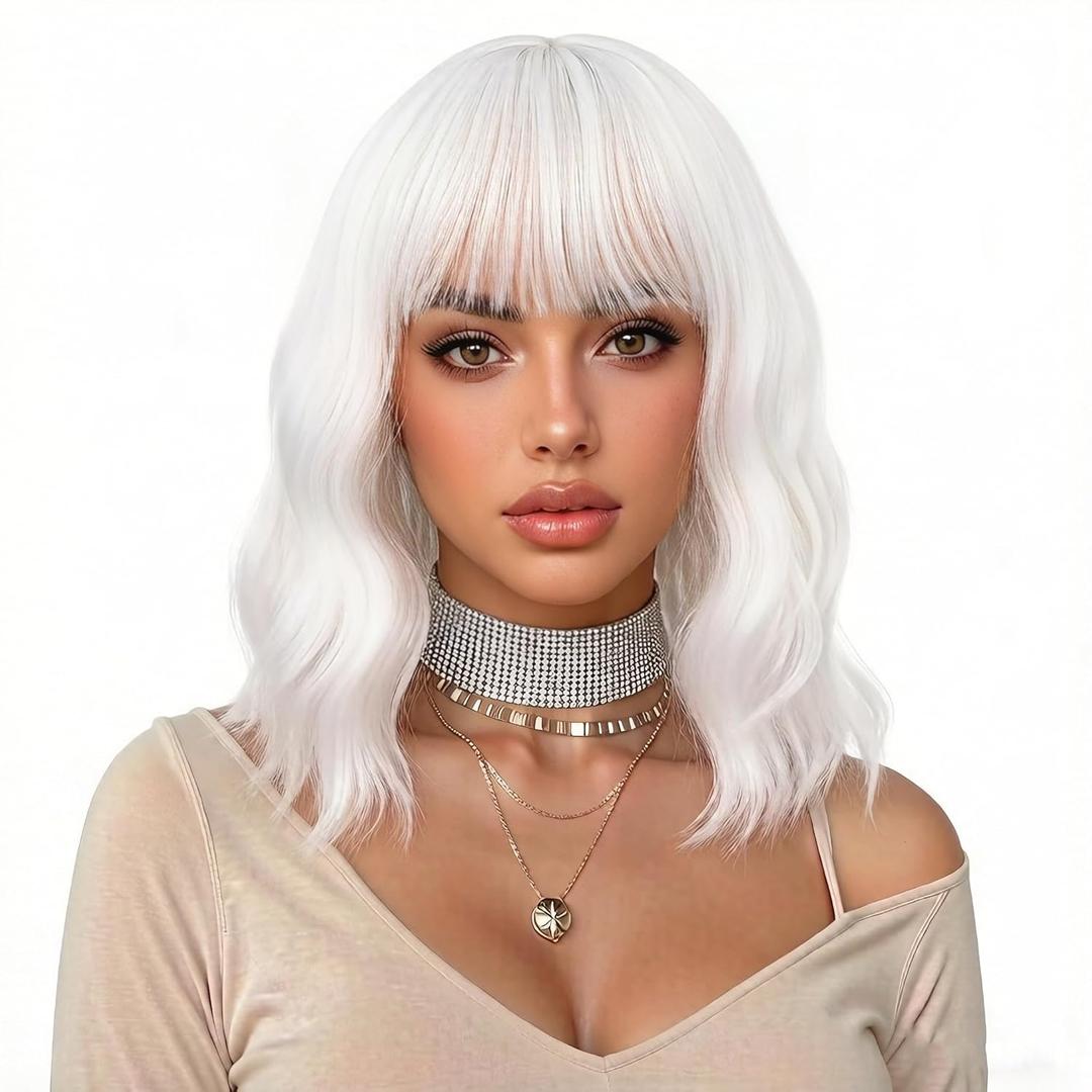 eNilecor White Wig,Short Bob Wig for Women, Curly Wavy Colored Wigs with Air Bangs, 14" Natural Looking Heat Resistant Synthetic Hiar Replacement Wigs for Party, Cosplay, Fun, Daily Wear