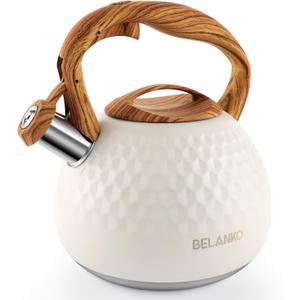 BELANKO 2.7 Quart Tea Kettle for Stovetop - Food Grade Stainless Steel with Diamond Texture, Designer Teapot Look, Cool-Touch Wood Pattern Handle, Whistling Spout - Milk White