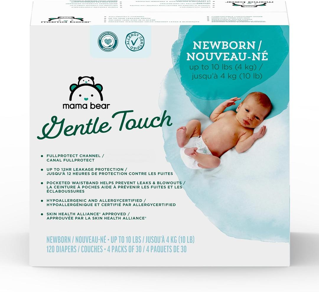 Amazon Brand - Mama Bear Gentle Touch Diapers, Hypoallergenic with Leak Protection, Size Newborn, 120 Count (4 packs of 30)