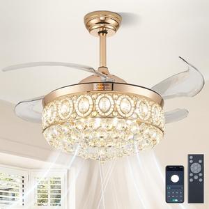 FRIXCHUR 42″ Dimmable Gold Crystal Chandelier Ceiling Fan Modern LED Fandelier Flush Mount Ceiling Fan with Lights and Remote, 6 Speed 3 Color Fans for Living Room Bedroom