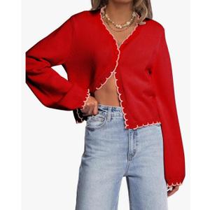 Women Long Sleeve Cardigan Button Down Knit Jackets Open Front Cropped Contrast Color Trim Sweaters Fall Winter Medium