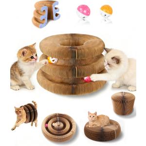 Upgraded Double Layer Curls Cardboard Cat Toy, Magic Organ Cardboard Cat Scratcher with Cat Toy Ball Track for Kitten Kitty, Foldable Accordion Interactive Cats Ball Toy for Indoor Cats