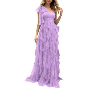Summer Women Tulle Prom Dress Elegant Bow One Shoulder Slit Evening Party Gown Wedding Guest Bridesmaid Maxi Dress, XXL