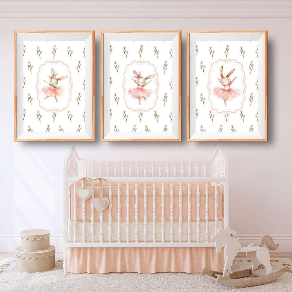 Printable Ballerina Bunny Nursery Wall Decor, Set of 3, Woodland Nursery, Bunny Wall Art, Girls Room Decor, Ballet Gifts, Rabbit, Pink Tulip