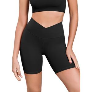 ODODOS Women's Cross Waist Yoga Shorts, 6" Buttery Soft Crossover High Waist Lounge Biker Shorts (Black, M)