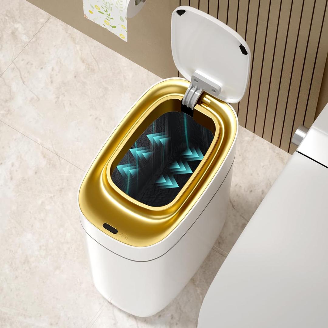 ELPHECO Slim Bathroom Trash Can with Lid, 2.5 Gallon Automatic Adsorption Garbage Can, Sensor Trash Bin, Slim Waterproof Garbage Can, Smart Waste Bin for Narrow Space, Bag Self-Absorbing, Golden