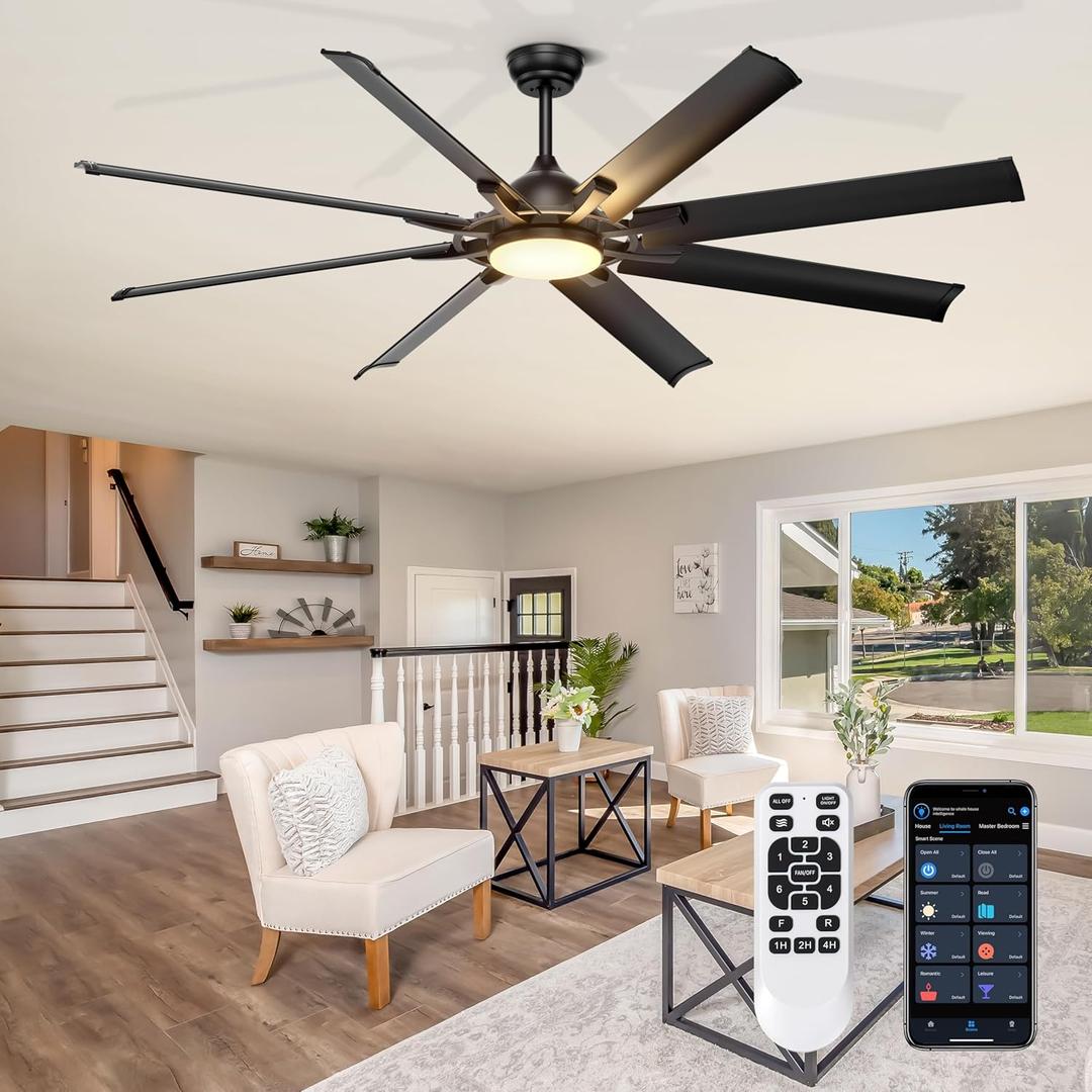 Ohniyou 72 Inch Industrial Ceiling Fan with Lights Remote Control, Black Large Ceiling Fan with 8 Aluminum Blades, 3 CCT, 6-Speed Quiet DC Motor for Living Room, Covered Outdoor, Shop, Garage