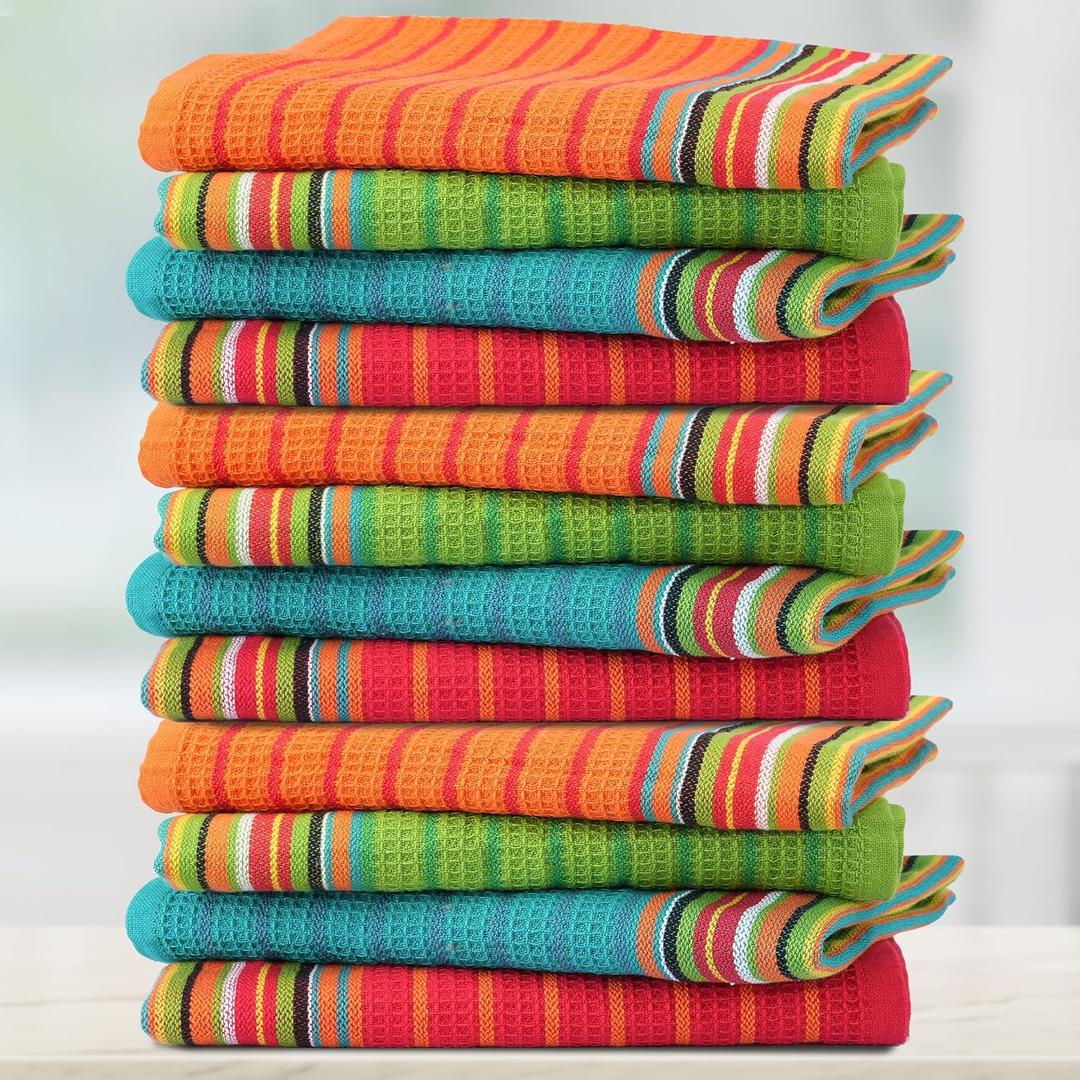 THREAD SPREAD Kitchen Dish Towels, 100% Cotton Salsa Towels, Set of 12 (16x28 Inches), Multi Purpose Cooking Drying Restaurant Bar Cleaning Cloth Napkin, Highly Absorbent, Lint Free (Red & Orange)