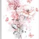 LB Pink Flower Wall Art Pink Butterfly Grey Leaf Canvas Wall Art for Bedroom Fantasy Floral Painting Wood Framed Prints Wall Decor for Living Room Bathroom,16x24 inches