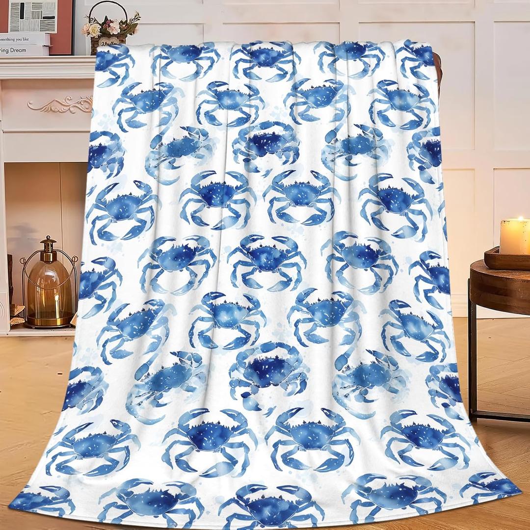 Crab Throw Blanket Nautical Ocean Beach Coastal Print Throw Blankets Gifts for Couch Sofa Bed Stuff Decor Lightweight Soft Cozy Fleece Plush Warm Flannel Bedding for Lover Men Women 40"x50"