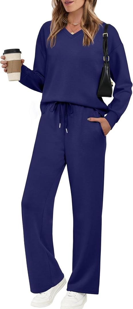 WIHOLL Lounge Sets for Women 2025 V Neck 2 Piece Outfits Airport Wide Leg Pants Matching Set Sweatsuits (Medium, 03 - Navy Blue)