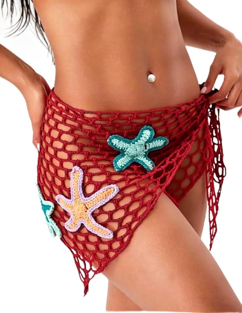 Crochet Beach Sarong Wrap, Red Mesh with Starfish Appliques, Swimsuit Cover Up (red, Medium) (M)