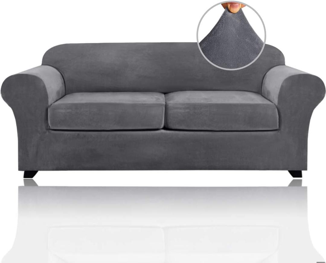 PrinceDeco Couch Cover Velvet Plush Sofa Covers for 2 Cushion Couch Width Up to 90 Inch Washable Furniture Protector Pet Friendly No Slip Sofa Slipcover(Medium-Large, Grey)