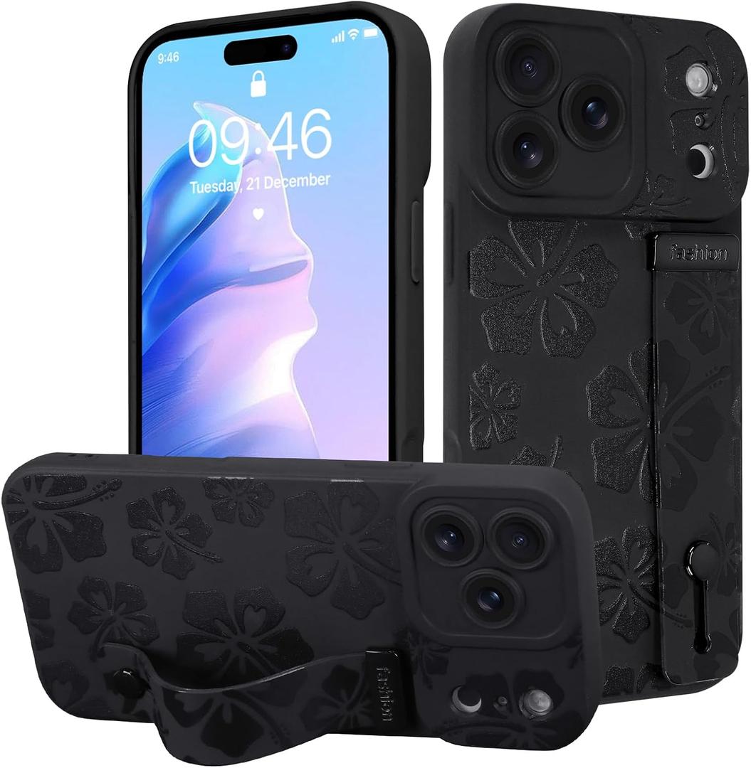 Fiyart Designed for iPhone 17 Pro Case Cute Flowers with Strap Soft TPU Phone Cover Protective Camera Lens Protection for Women Men Floral Bumper with Stand 6.3"-Black