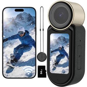 2.7K 64G Thumb Action Camera Mini Body Camera with Magnetic Lanyard for Hands-Free POV Vlogging Outdoor Sports Recording Video Camera for Cycling, Traveling, Running (Black and Gold)