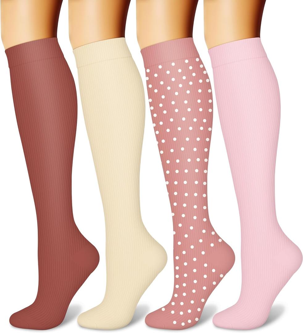 CHARMKING Compression Socks for Women and Men Circulation 4 Pairs 15-20 mmHg Best Support for Athletic Running Cycling (Small-Medium, 02 Pink/Beige/Pink/Pink)