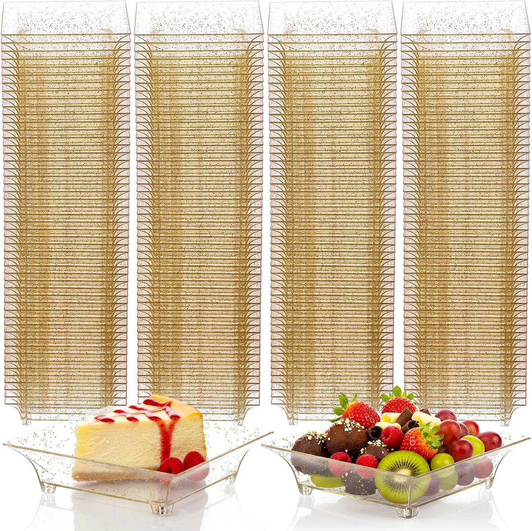 Mimorou 300 Pcs Mini Gold Glitter Clear Dessert Plates 1oz Disposable Appetizer Trays Bulk Small Square Plastic Dish for Party Birthday Wedding Tasting Serving Cake Salad Fruit Sauce Snack, 2.4 Inch